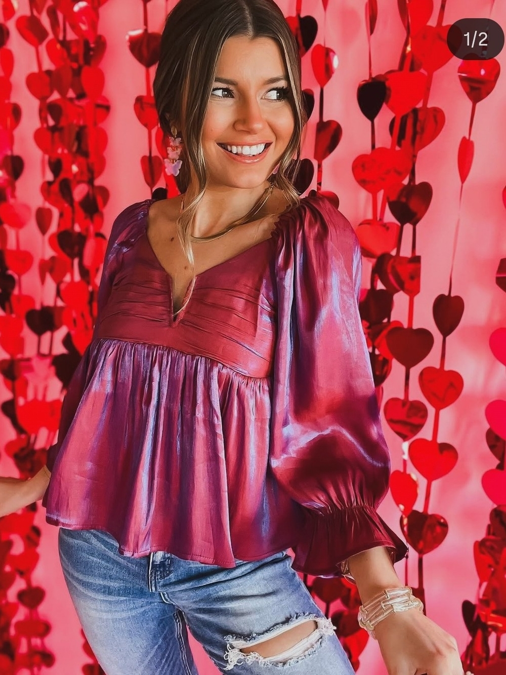 Entro Burgundy Iridescent Coquette Babydoll Blouse Puff Sleeve Ruffle Top M